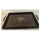 VINTAGE SERVING TRAY-WOODEN W/GLASS INSERT