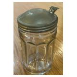 VINTAGE SUGAR DISPENSER-GLASS W/ZINC??? LID