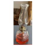 OIL LAMP W/CHIMNEY-APPROX. 15� TALL/CLAR W/RED OIL OIL LAMP W/CHIMNEY-APPROX. 15� TALL/CLAR W/RED OIL