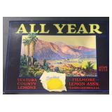 VINTAGE CRATE/BOX LABEL-ALL YEAR LEMONS VINTAGE CRATE/BOX LABEL-ALL YEAR LEMONS