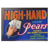 VINTAGE CRATE/BOX LABEL-HIGH HAND PEARS VINTAGE CRATE/BOX LABEL-HIGH HAND PEARS