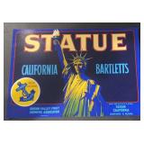 VINTAGE CRATE/BOX LABEL-STATUE BARTLETTS VINTAGE CRATE/BOX LABEL-STATUE BARTLETTS
