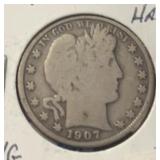 1907-O BARBER HALF DOLLAR (90% SILVER) (VG)