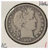 1908-P BARBER HALF DOLLAR (90% SILVER) (VG)