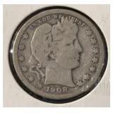 1908-D BARBER QUARTER (90% SILVER) ***GOOD++***