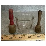 VINTAGE GLASS CUP W/(2)WOODEN MASHERS-BELEIVED TO