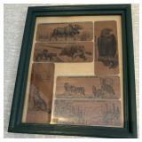 FRAMED WOOD BURNED ETCHING ITEMS-APPROX. 9"x11"
