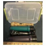 (4)FLASHLIGHTS W/PLASTIC TOTE W/LID