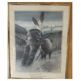 FRAMED PRINT-DEER & NATIVE AMERICAN