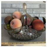 GLASS HANDLED BASKET W/DECOR FRUIT