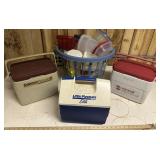 (3)SMALL COOLERS & PLASTIC CONTAINERS W/BASKET
