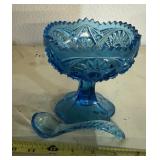 PEDESTAL NUT BOWL W.GLASS SPOON-BLUE/CHECK OUT THE