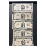 (BAG OF 5) SERIES 1953 $2.00 'RED SEAL' BILLS ***