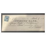 VINTAGE 'CANCELLED' BANK CHECK W/STAMP-DATED 1881