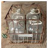 METAL DAIRY CRATE W/(4)GLASS BOTTLES