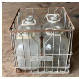 METAL DAIRY CRATE W/(4)GLASS BOTTLES