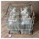 METAL DAIRY CRATE W/(4)GLASS BOTTLES