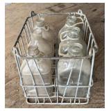 METAL DAIRY CRATE W/(6)GLASS BOTTLES
