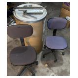 (2)CHAIRS W/CASTERS & CARDBOARD BARREL & MORE-