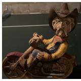 WOODEN CARVED DECOR-"COWBOY ON MOTORCYCLE"