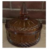 MID~CENTURY GLASS CANDY DISH W/COVER-BROWN