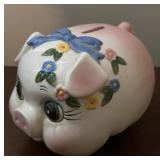 COIN BANK-"PIG"/BLUE BOW DESIGN