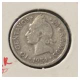 1951 "DOMINICAN REPUBLIC" (10~CENTAVOS) COIN (90%