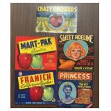 (5)VINTAGE CRATE LABELS-ASSORTED/'1930-1960'