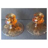 Fostoria Etched Amber Glass  Candle Sticks