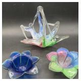 Three pieces of art glass, basket, and small bowls