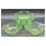 Three green depression, glass bowls