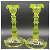 Set a two Art DeconVaseline glass candlesticks