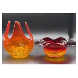2 Crackle Glass Lot-Bowl and Vase