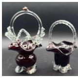 2-EARLY Ruby Red Art Glass Handled Baskets