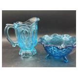 2-Pc of Blue Glass -Hobnail Vase M&Star Pitcher