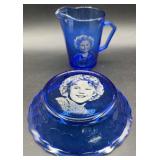 Shirley Temple cobalt blue pitcher and bowl set