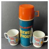 Maxwell house thermos and two coffee cups