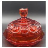 Amberina, glass moon, and stars covered dish