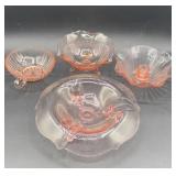 4-Pieces Pink Dep.Glass 3 Legged Bowls-Candlestick