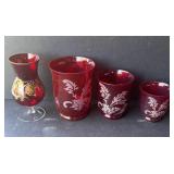 4-Pc Bohemian Ruby Red Glass-As-Is
