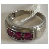 STERLING SILVER MENS RING WITH RED GEMSTONES