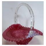 FENTON OPALESCENT CRANBERRY HOBNAIL BASKET