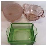 2-Pink 1-Green Depression Glass Dishes