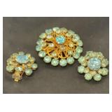 BLUE RHINESTONE BROOCH, AND EARRINGS SET