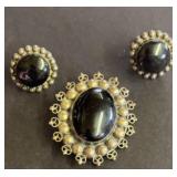 TAXCO BLACK ONYX EARRINGS AND BROOCH-STERLING
