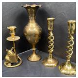 BRASS MOUSE AND CANDLESTICKS-VASE