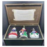 THREE SNOWMAN CHRISTMAS ORNAMENTS IN BOX