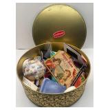 VINTAGE ARCHWAY, COOKIE TIN WITH SEWING THREAD