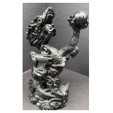 BLACK CAST RESIN COIN, DRAGON HOLDING PEARL STATUE