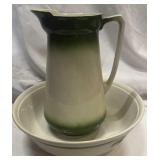 GREEN AND WHITE STONEWARE PITCHER AND BOWL